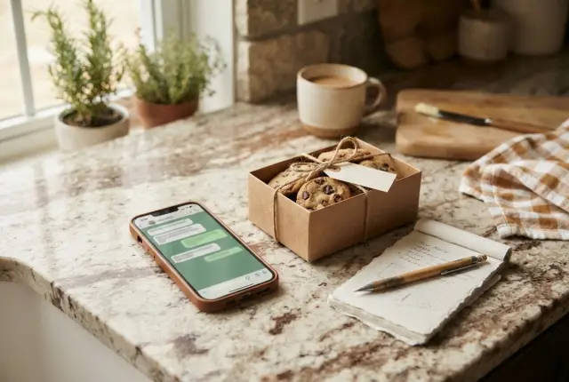 Celular con un chat abierto junto a una caja de cookies
